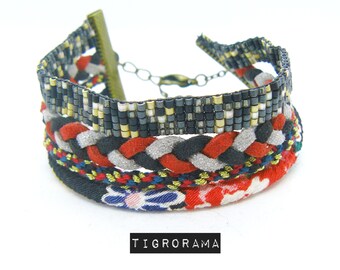 bracelet multi rang noir, cordon kumihimo,tissage miyuki et cordons japonais