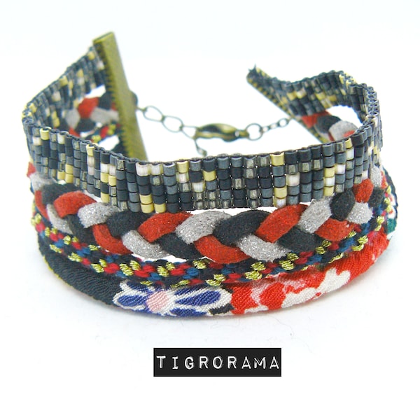 bracelet multi rang noir, cordon kumihimo,tissage miyuki et cordons japonais