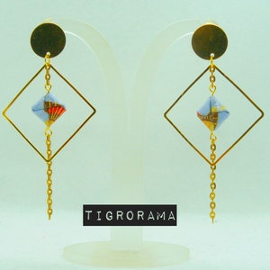 Pendientes origami cuadrados planos grandes en azul, naranja y dorado