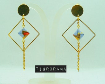 grande boucles d'oreilles origami carré plat bleu , orange et doré