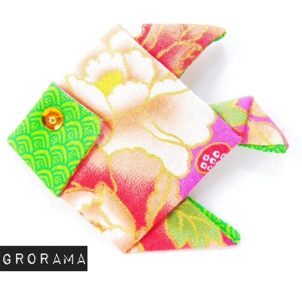 broche origami tissu poisson vert et orange