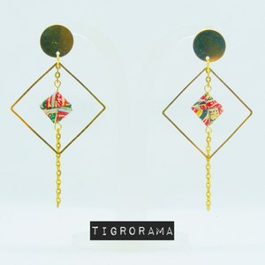 pendientes origami cuadrados grandes rojos, amarillos y dorados
