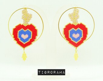 boucles d'oreille miyuki tissé main ex voto rouge, rose et bleu