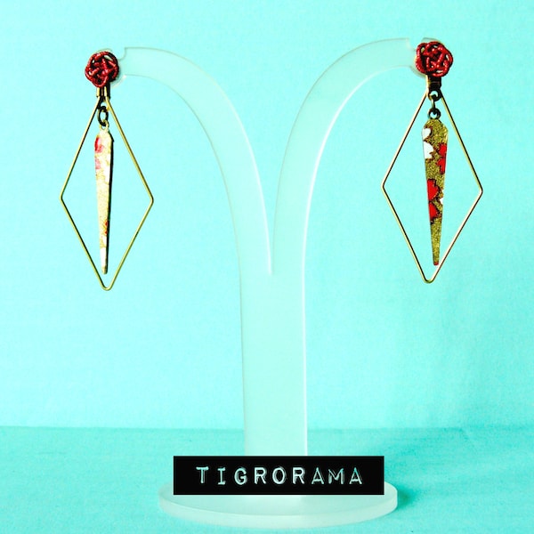 boucles d'oreilles géométriques losange et noeud japonais rouge et doré