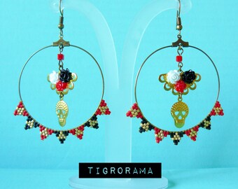 halloween and dia de muertos red and black creole earrings