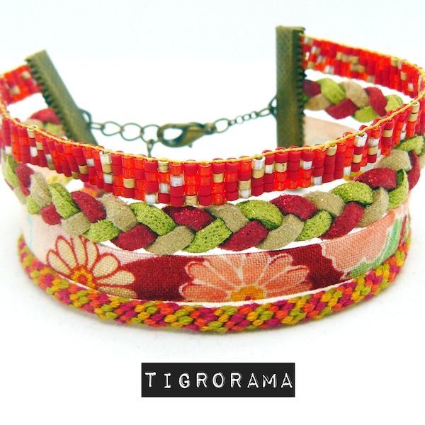 bracelet multi rang rouge, cordon kumihimo,tissage miyuki et cordons japonais