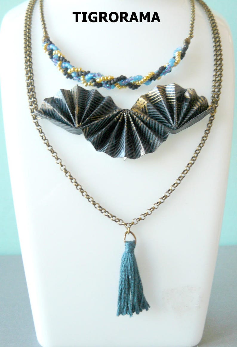 multi-row origami fan necklace, braided pearls and tassel image 4