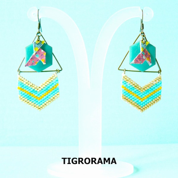 triangle earrings, chevron weaving miyuki, origami cocotte and emerald enameled hexagon