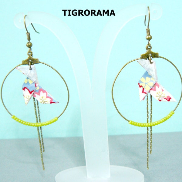 boucles d'oreille origami cocotte fleurie ,  perles anis et pendants