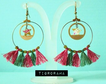 Pendientes aro estrella japonesa y borlas verdes y rosas