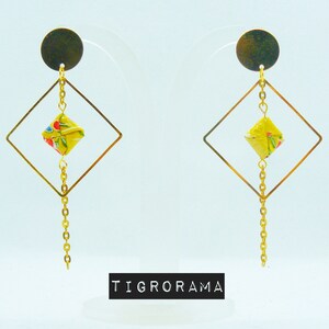 pendientes origami grandes cuadrados planos amarillo mostaza