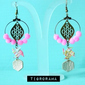 Kreolische Ohrringe mit rosa Pompons, Origami und Leder