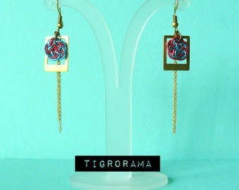 blue and red twin mizuhiki knot earrings