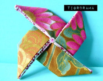 pink, green, ocher and gold windmill origami brooch