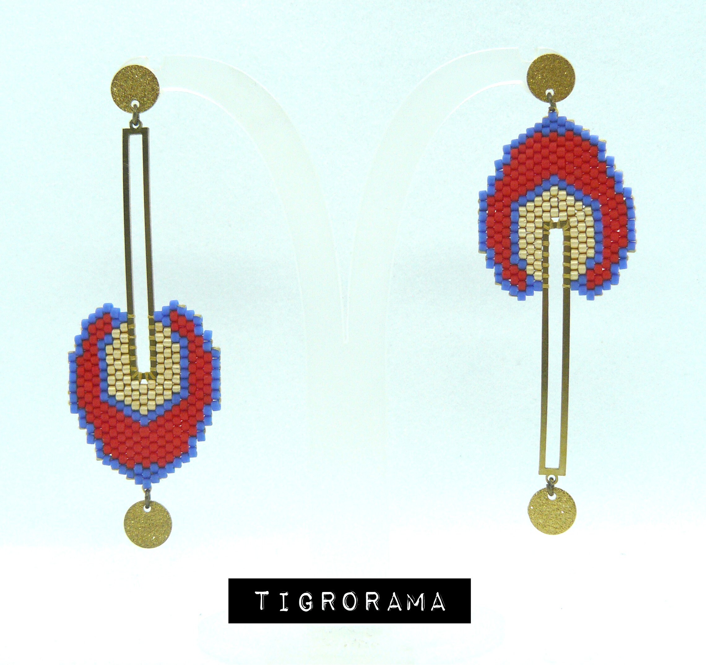 asymmetrical red and blue art deco earrings