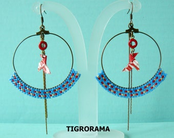 cocotte origami hoop earrings, enamel and blue and red miyuki weaving