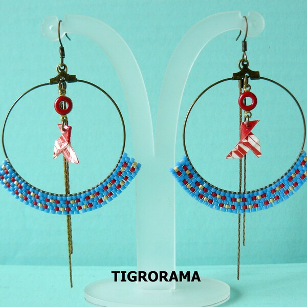 cocotte origami hoop earrings, enamel and blue and red miyuki weaving