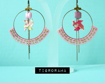 pendientes de aro molino de origami, esmalte y tejido miyuki rosa y rojo
