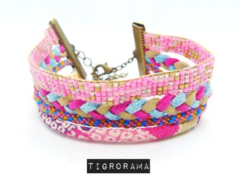 bracelet multi rang rose, cordon kumihimo,tissage miyuki et cordons japonais