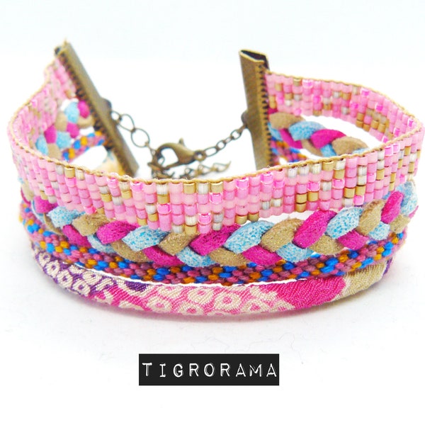 bracelet multi rang rose, cordon kumihimo,tissage miyuki et cordons japonais