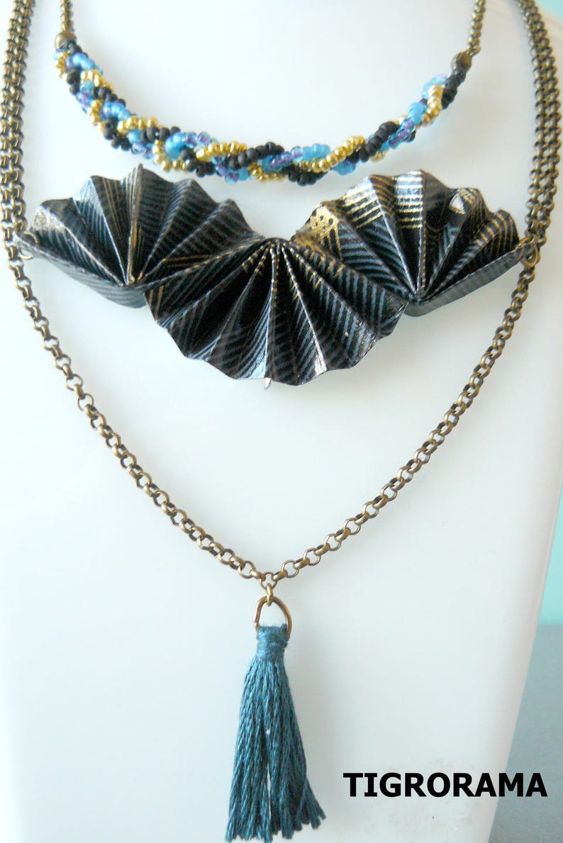 multi-row origami fan necklace, braided pearls and tassel image 3