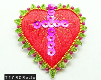 red heart and fuchsia cross embroidered ex voto brooch