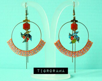 Origami Hoop earrings windmill, enamel and weave miyuki orange