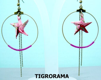 origami star creole earrings and purple beads