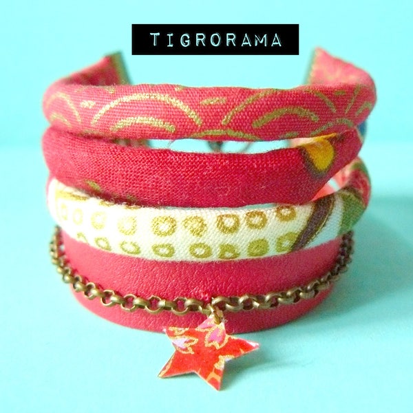 bracelet multi rangs cordons japonais, cuir rouge et papier japonais fleuri rouge