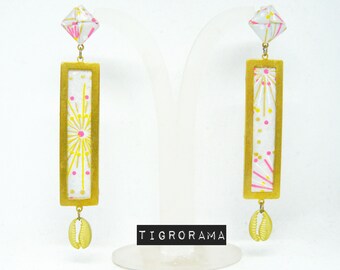 pendientes Doble rectángulo papel japones gris, rosa y amarillo