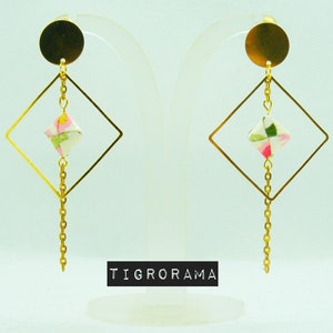 pendientes origami cuadrados grandes roso,blanco y dorado