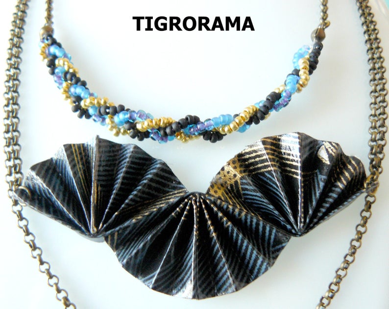 multi-row origami fan necklace, braided pearls and tassel image 2