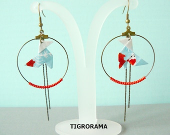 boucles d'oreille créole origami cocotte, perles rouges et pendants