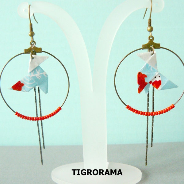 cocotte origami hoop earrings, red beads and pendants