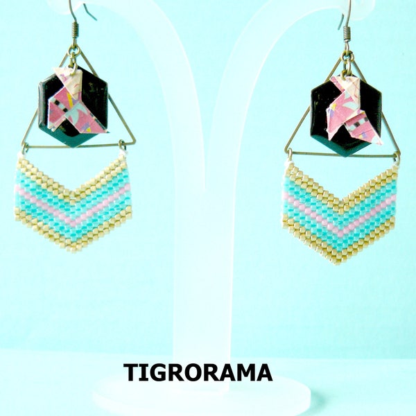 triangle earrings, miyuki weaving, cocotte origami and black enameled hexagon