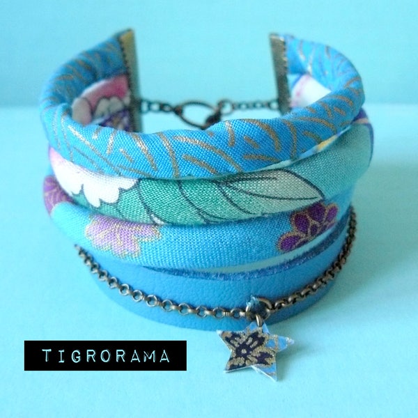 bracelet multi rangs cordons japonais, cuir bleu et papier japonais bleu