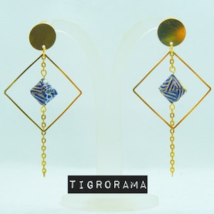 pendientes origami cuadrados grandes azul marino y dorado planos