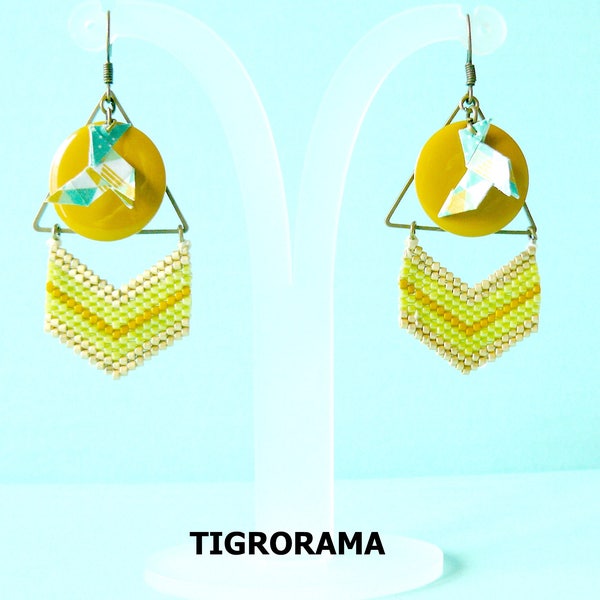 triangle earrings, chevron weaving miyuki, origami cocotte and mustard enamel