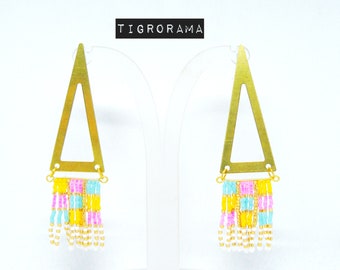 large triangle and fringe earrings, yellow, fuchsia pink and turquoise