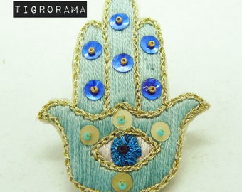 hand embroidered brooch lucky hand of Fatma blue