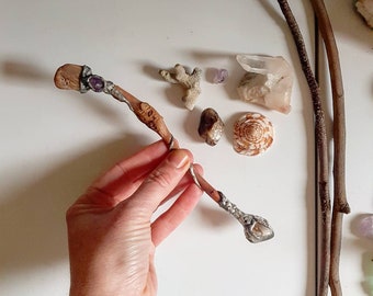 Crystal Wand, Magical, Australian Timber, Moonstone, Amethyst, Smoky Quartz, Altar, Ceremony, Gothic, Witchcraft, Spells, Wicca Wand, Mystic