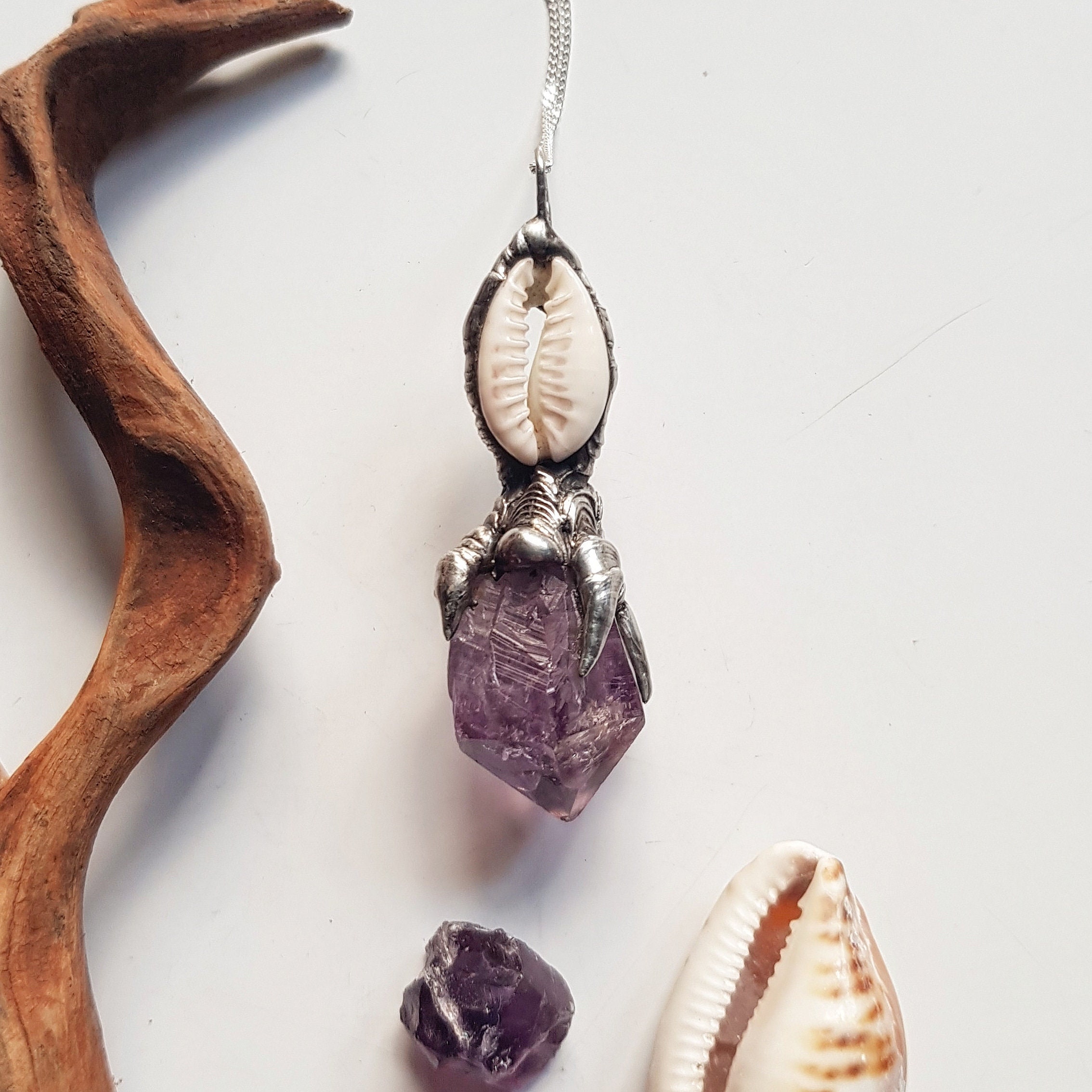 Ocean & Earth Pendant, Australian Amethyst, Cowrie Shell, Magical Talisman, Sacred Jewellery, Mermaid, Goddess,  Love