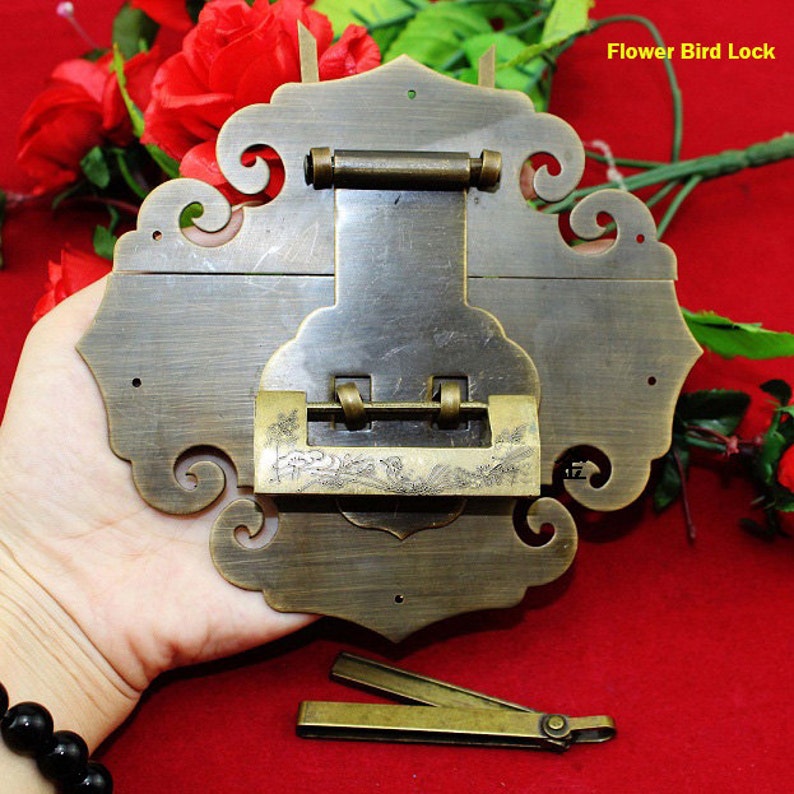 A Set of Alloy Vintage Fish Key Padlock Latch 135mmx140mm Bronze Large Latch Hasp/ Alloy Chest Old Chinese Lock Seven Style v50 image 3