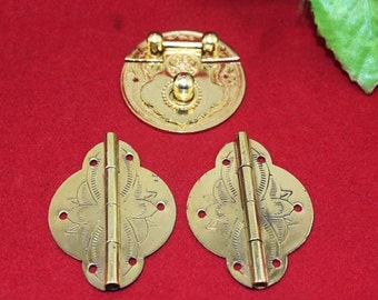 Latch + Hinge  Classical Yellow Brass Round Hasp 1.4"(36mm), 2PCS Wooden Box Small Old Hinges Set 1.6"(41mm) - s2