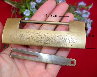 Old Chinese Lock - Vintage Bronze Lucky Fish Brass Jewelry Box Door Wedding Gift, Plug Key Padlock - 1 1/3”(43mm) Internal - v14