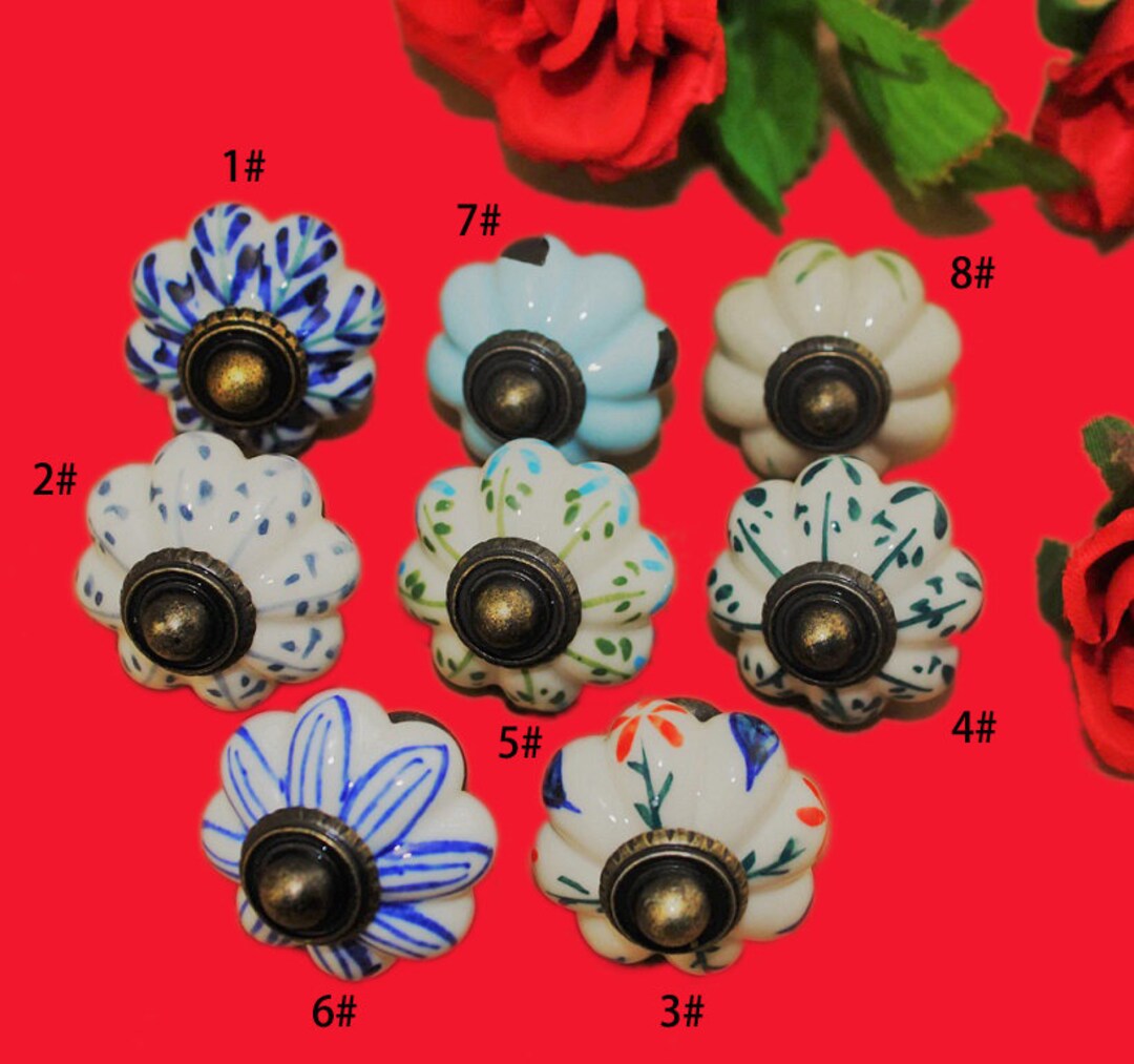 Pair of Ceramic Flower Knobs Round Single Hole Drawer Etsy