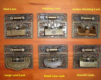 A Set of Latch Plus Lock Hasp - Vintage Metal Jewelry Box Old Chinese Lock, Plug Key Padlock, Wedding Lock - Six Type 2.16"(55mmx47mm) - v67