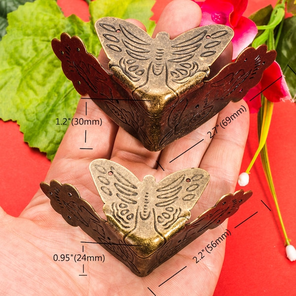 4 Retro Protection Corners – Butterfly Bronze Large Covers Cap Wooden Chest 3 Sided Bracket - 2.2”/2.7”(56/69mm) - 215