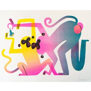 Monkeys with pear risoprint in yellow, neon pink and teal. The colorful monkeys are set against a white background, almost like a cutout. One monkey is yellow and pink, the other is pink and teal. One is trying to take the pear from the other.