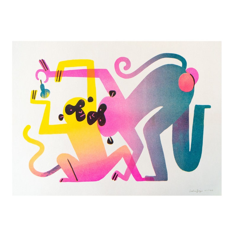 Monkeys with pear risoprint in yellow, neon pink and teal. The colorful monkeys are set against a white background, almost like a cutout. One monkey is yellow and pink, the other is pink and teal. One is trying to take the pear from the other.